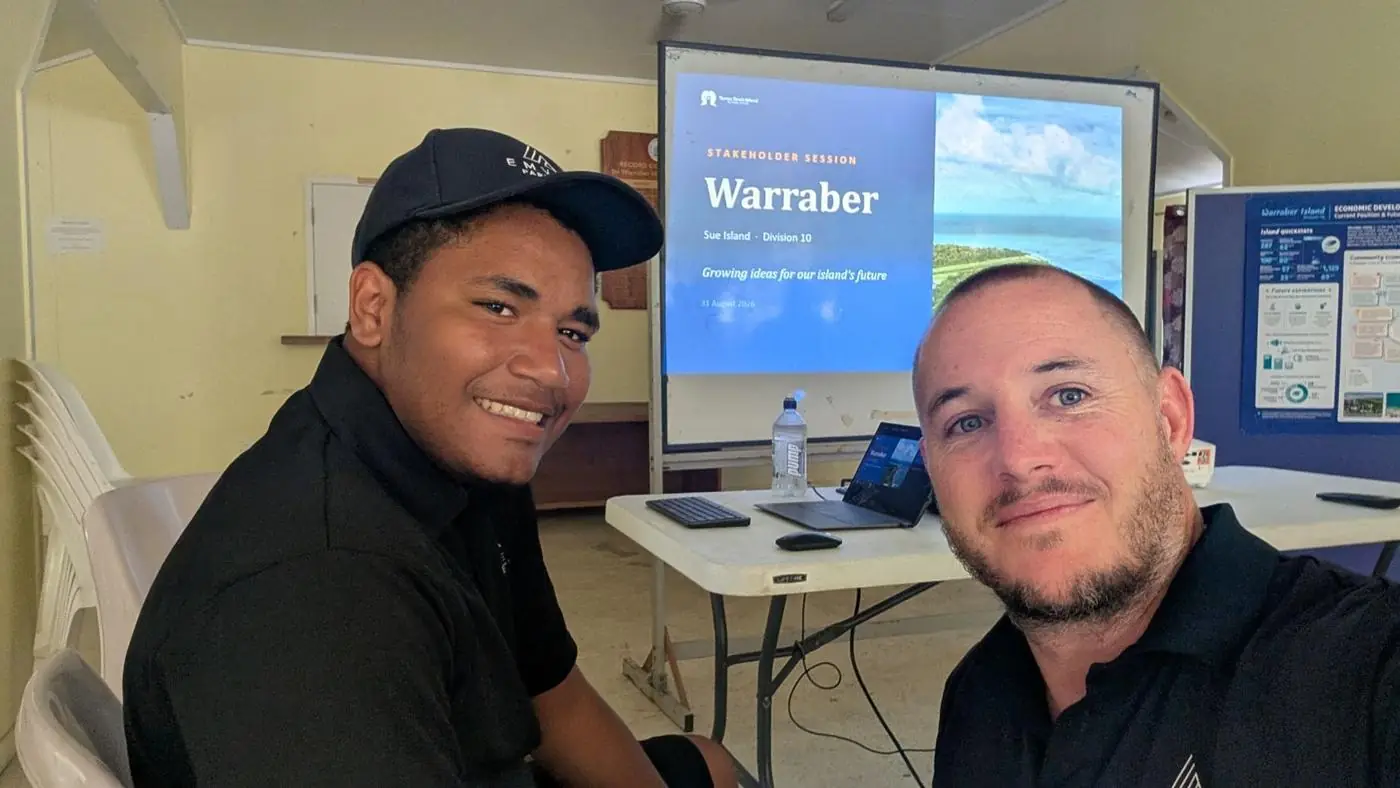 John Palmer with a young participant at a Warraber Island session, Torres Strait